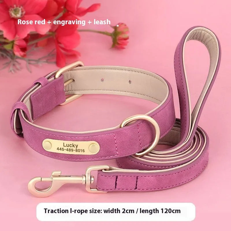 A rose red double-layer leather dog collar with mohair lining and a matching traction rope on a white background.