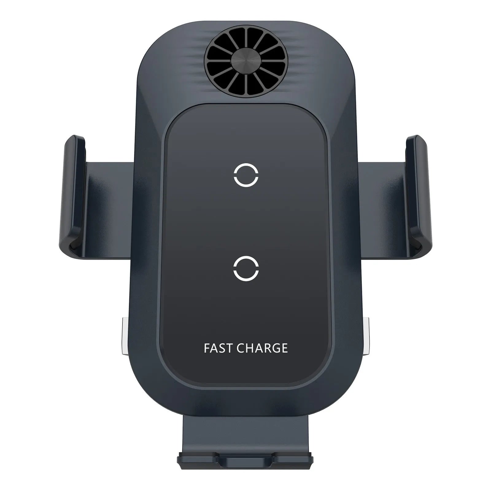 Black car wireless phone charger mounted on a vehicle air vent, showing phone held in auto-clamp.
