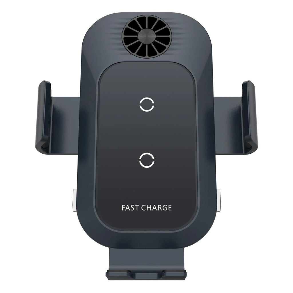 Black car wireless phone charger mounted on a vehicle air vent, showing phone held in auto-clamp.