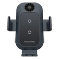 Black car wireless phone charger mounted on a vehicle air vent, showing phone held in auto-clamp.