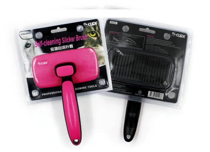 Pet self-cleaning comb with stainless steel teeth and rose red ergonomic handle for dog cat grooming