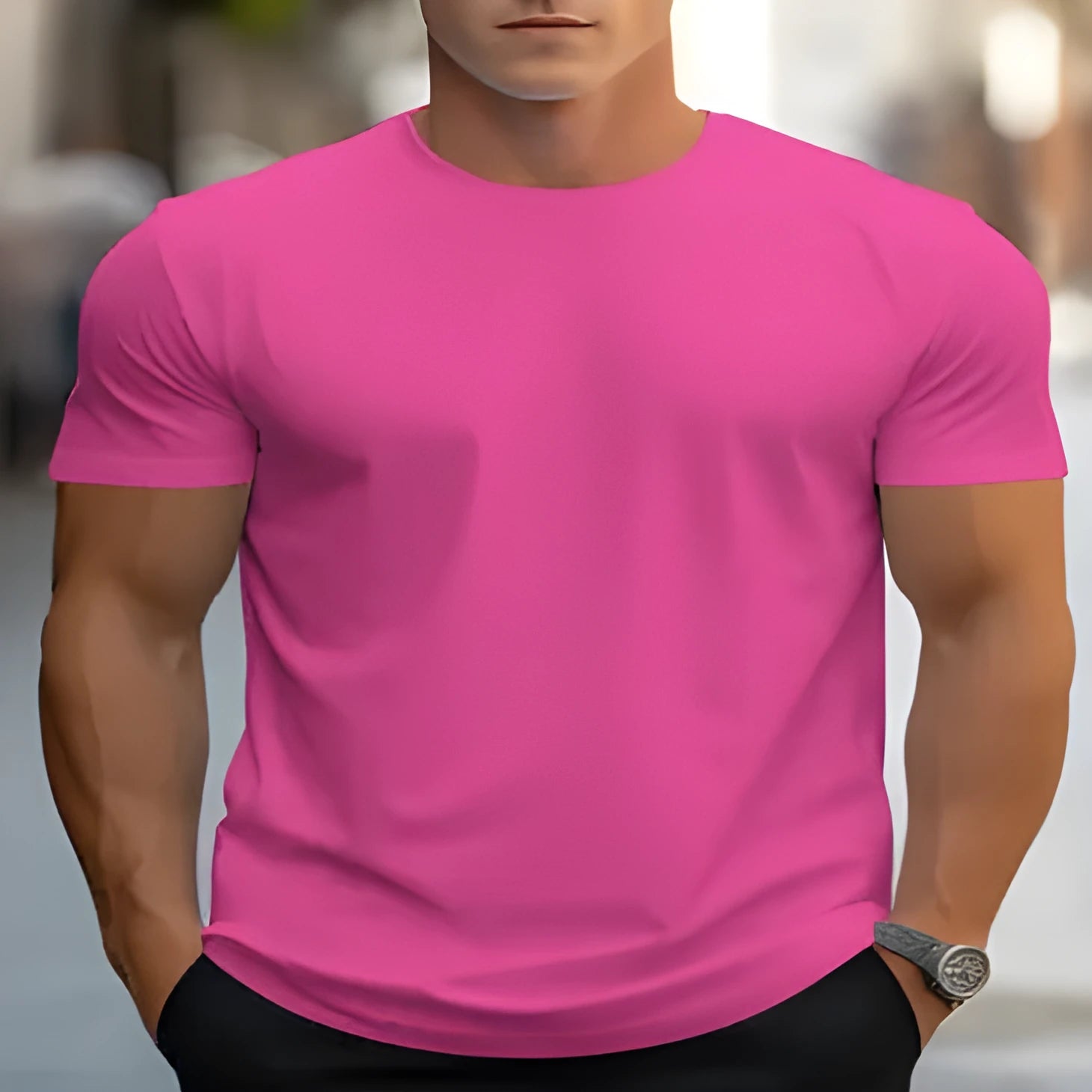Men's loose fit printed t-shirt with round neck and short sleeves in polyester bird eye cloth