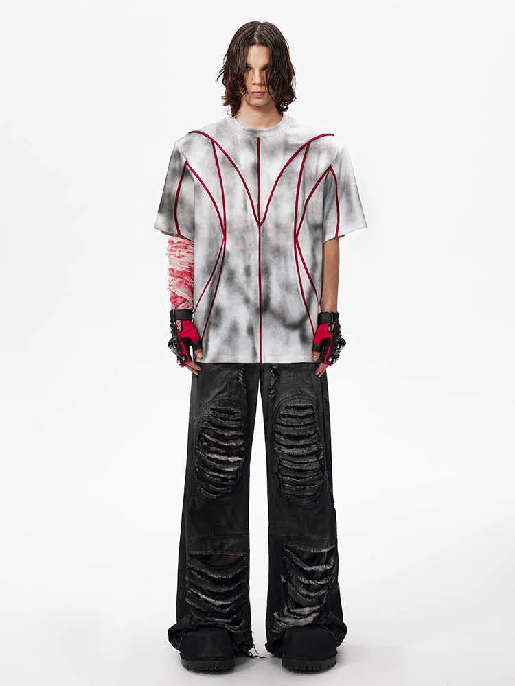 Short sleeve T-shirt with padded shoulders and textured line patchwork on a round neck.