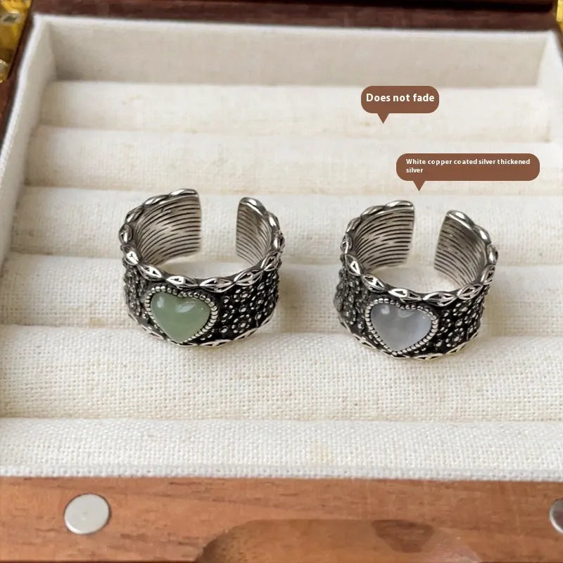 Retro wide-faced adjustable heart ring in white copper plated silver with love design elements