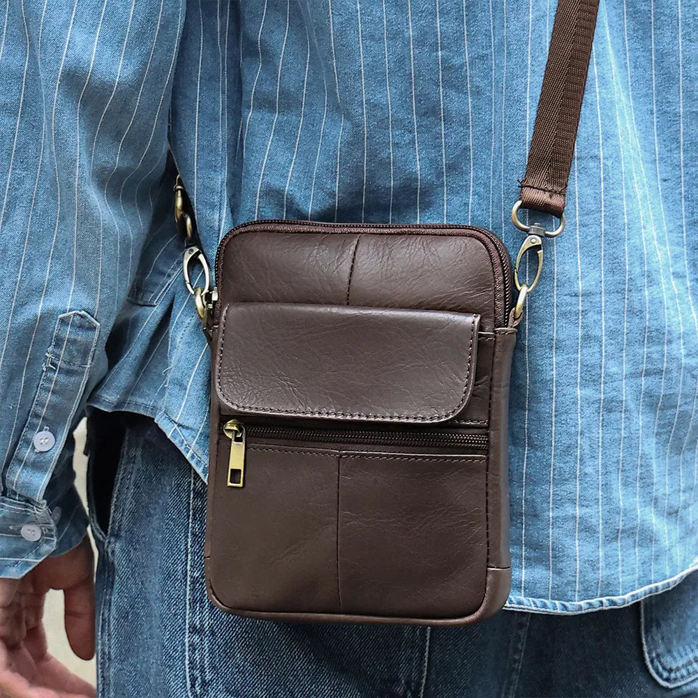 Brown genuine leather crossbody shoulder bag for men with sewing line detailing
