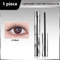 Waterproof mascara in a steel tube with choice of black or brown shade, shown with optional eyelash curler.