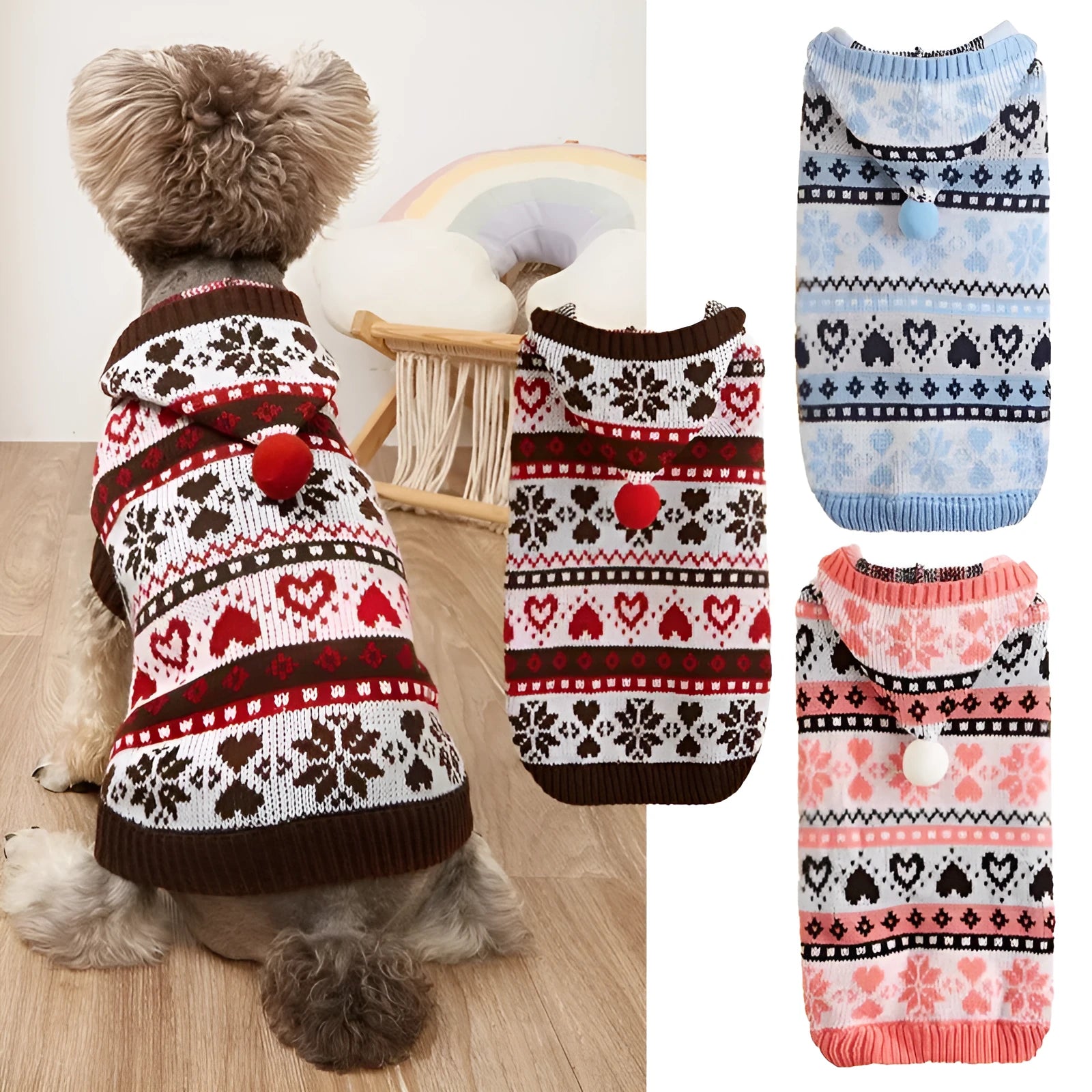 Blue knitted dog sweater with snowflake, love heart, and striped camouflage pattern on a small dog.