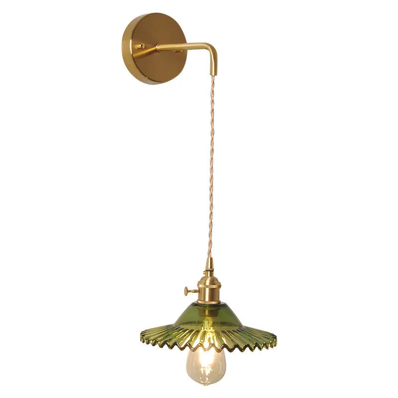 Copper retro brass lotus wall lamp with glass shade in one of six colours, 22cm diameter.