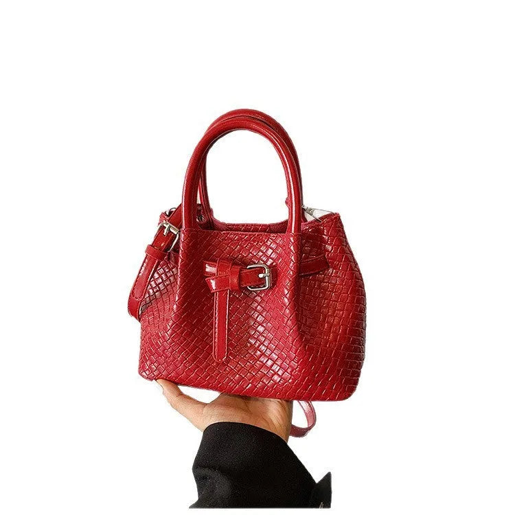 Women's PU messenger bucket bag in khaki with spliced design and three-dimensional outer pocket