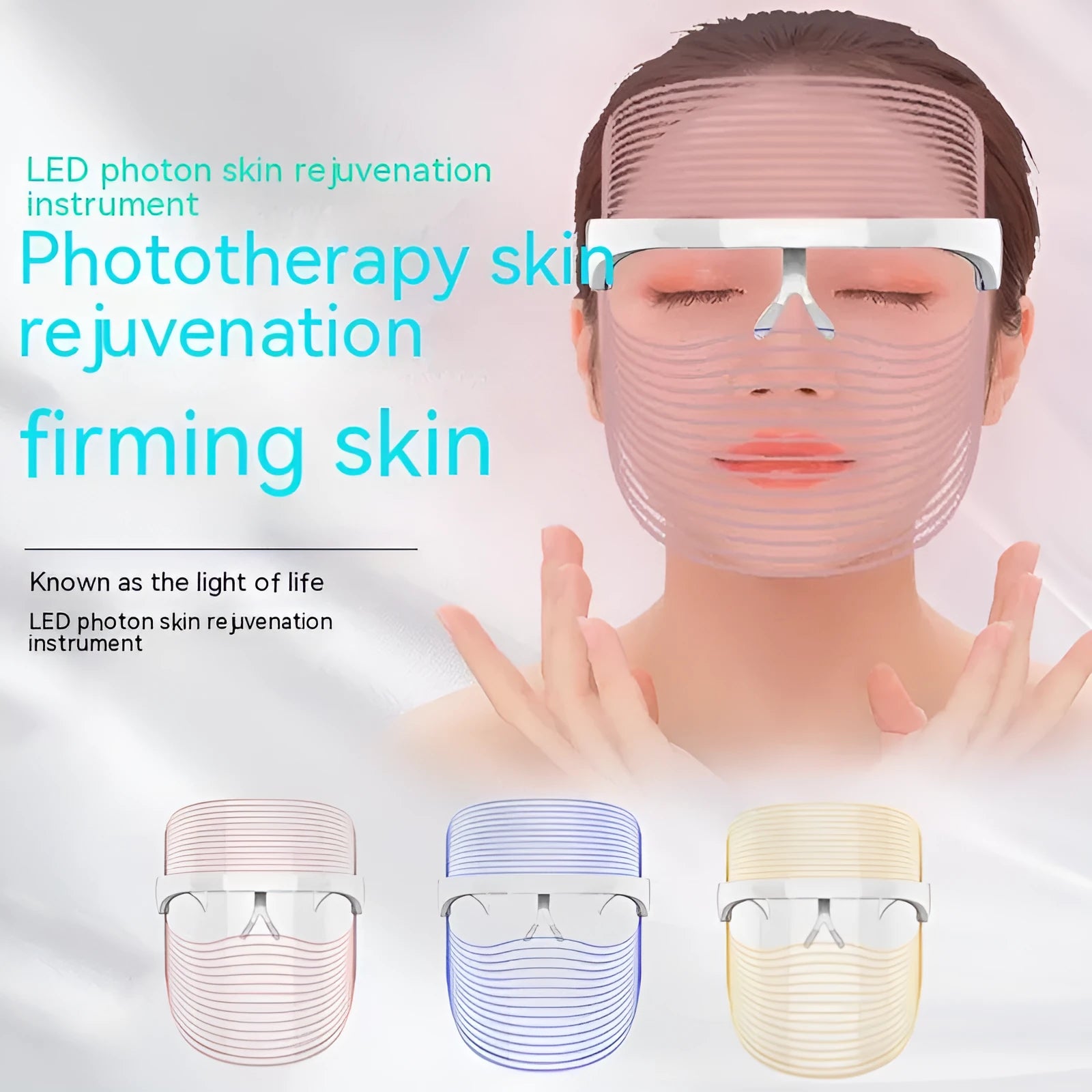 LED three-colour beauty mask in transparent finish for facial photon therapy at home