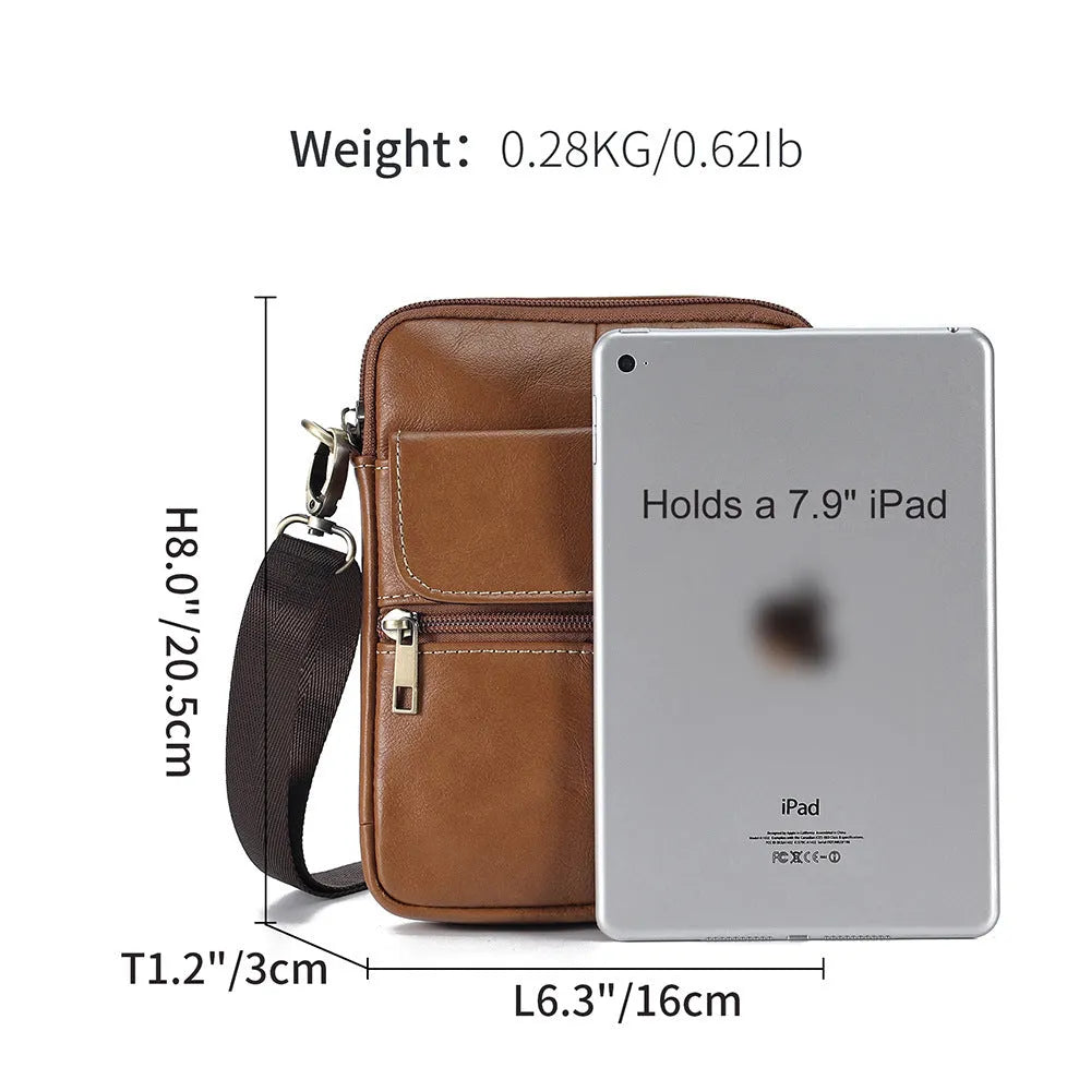 Brown genuine leather crossbody shoulder bag for men with sewing line detailing
