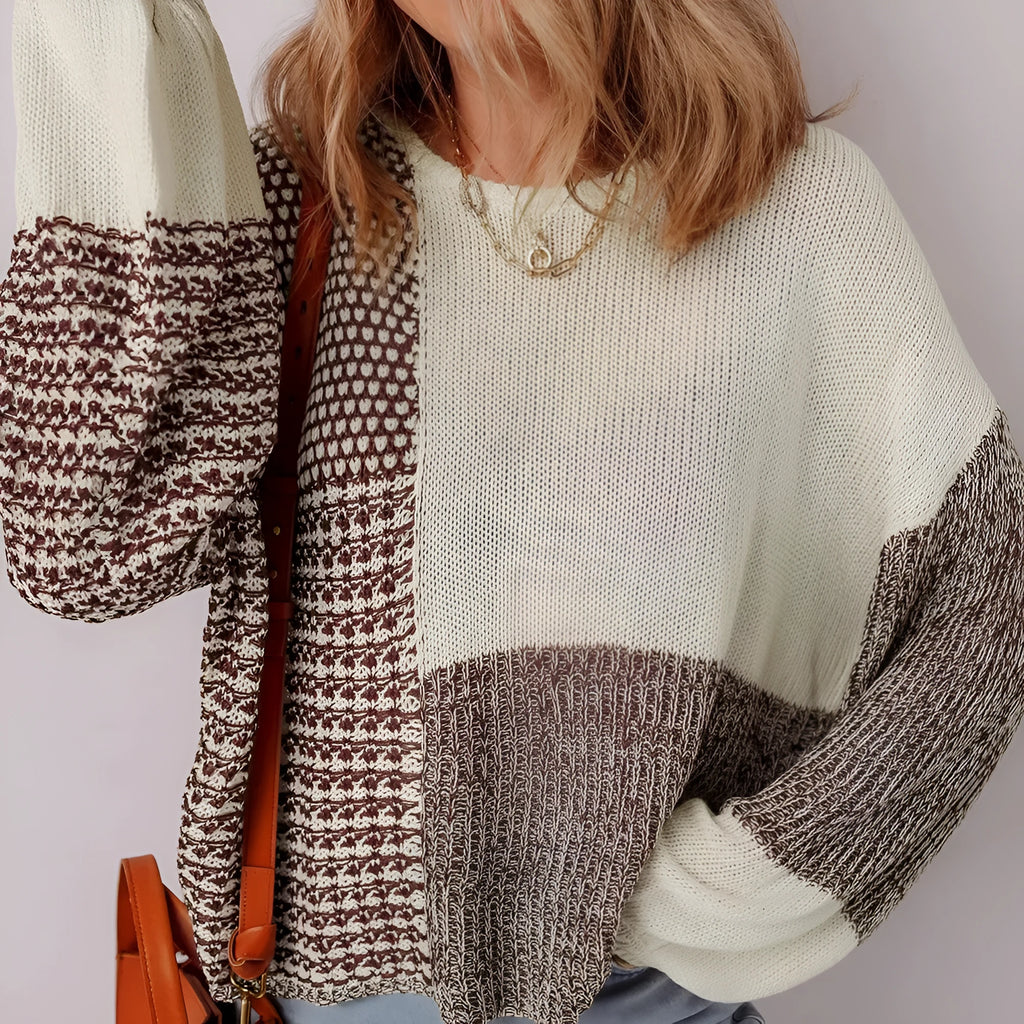 Dark khaki loose drop shoulder sweater with colour block panels and a back tie detail.