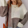 Dark khaki loose drop shoulder sweater with colour block panels and a back tie detail.