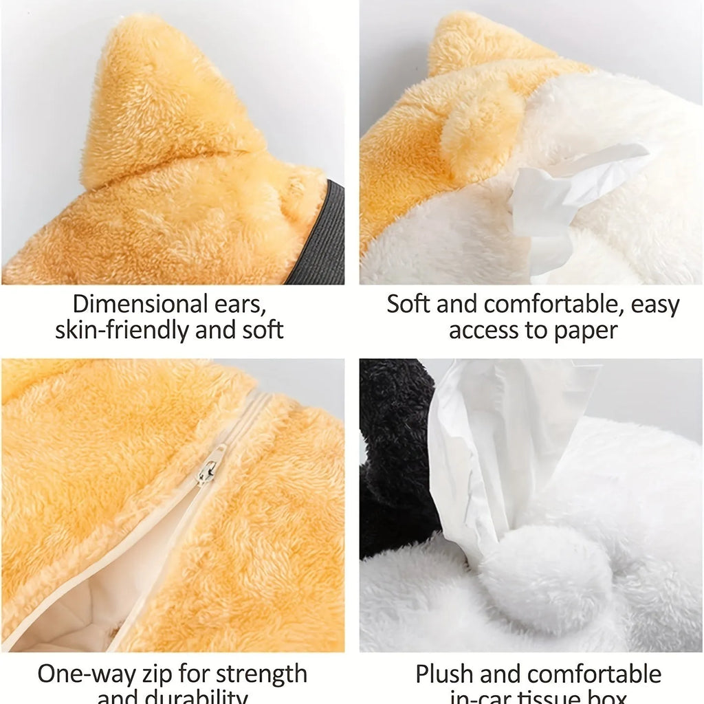 Yellow corgi butt-shaped tissue box cover with elastic back for car sun visor mounting