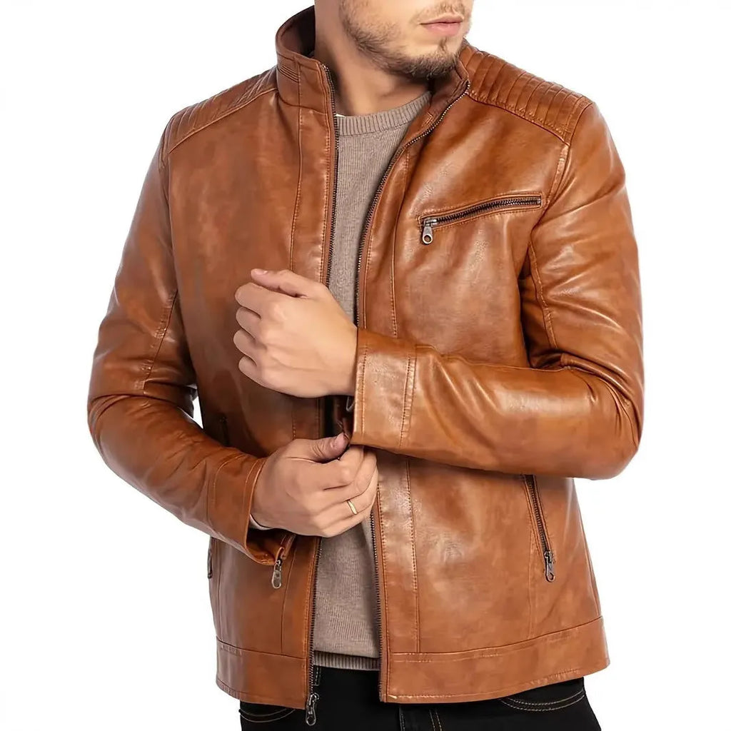 Men's brown punk motorcycle leather jacket with stand collar and patch pockets