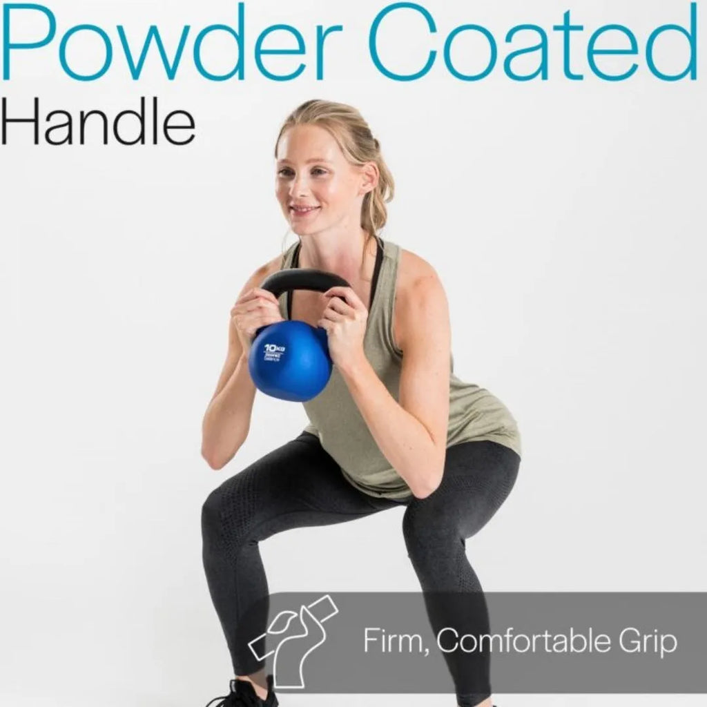 Blue cast iron dumbbell shaped like an immersion teapot on a plain background.
