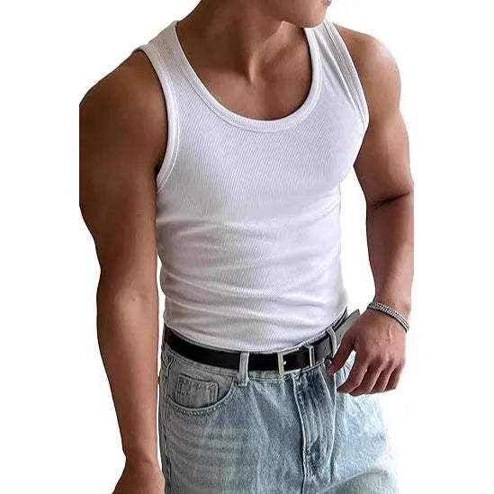 Men's slim fit round neck sports T-shirt in polyester fabric on a hanger