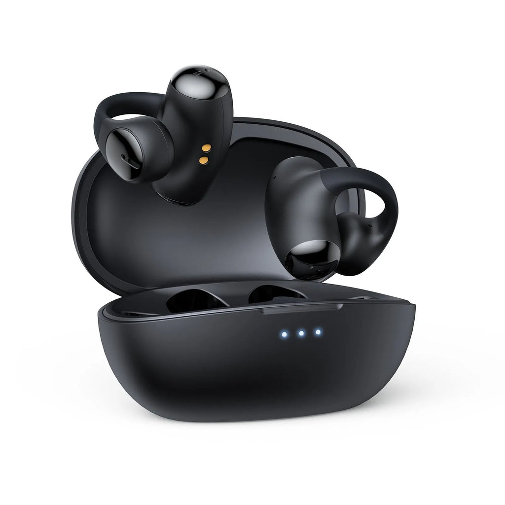 Black and white T306 Bluetooth wireless clip-on sports gaming earphones on ear hook.