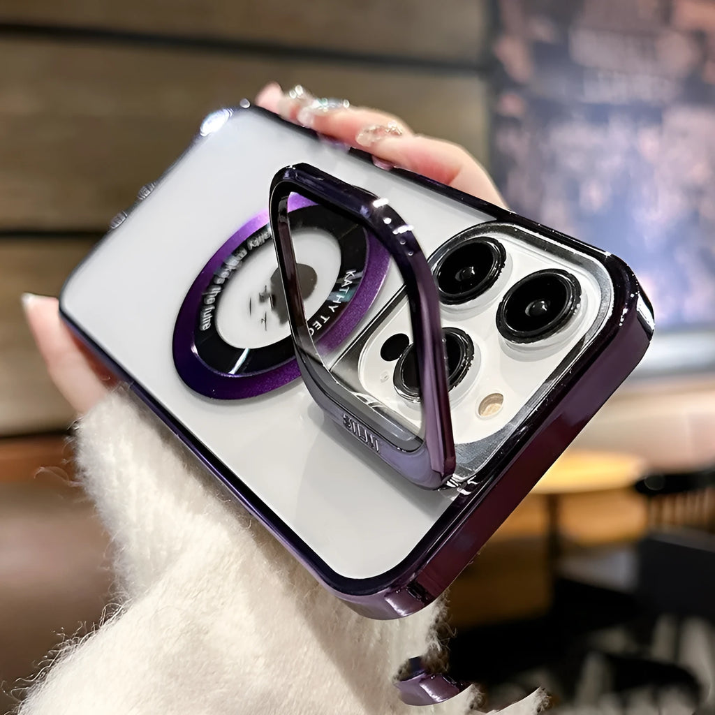 iPhone magnetic leakage label mobile phone case in PC electroplated construction showing heat dissipation and protective features