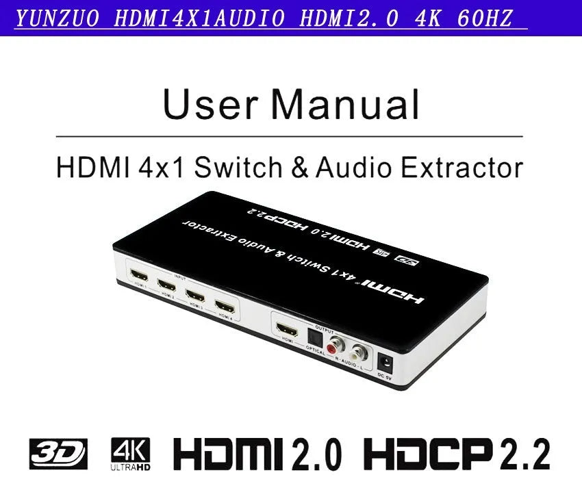 Black HDMI audio switch with remote control for 4 input 1 output video switching