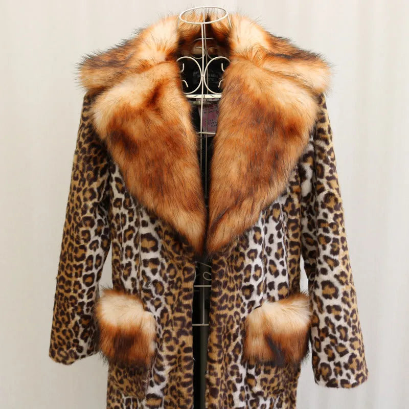 Women's long leopard print artificial fur jacket with regular sleeves on a hanger