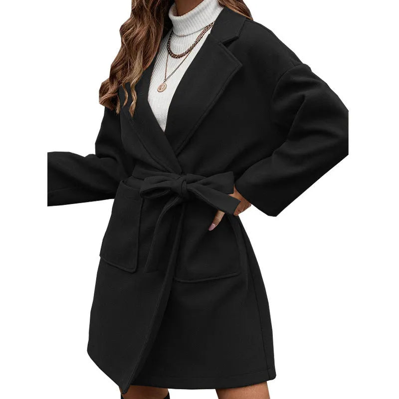 Men's minimalist lapel button split belt coat in thick polyester fabric with loose Japanese-Korean styling