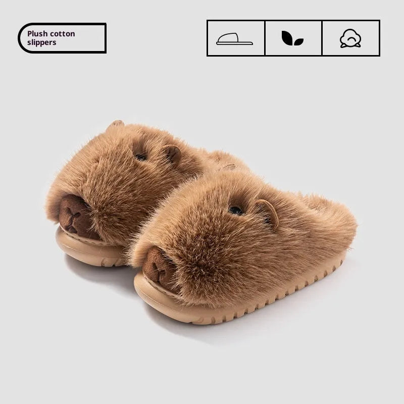 Womens autumn winter fashion cartoon plush slippers in dark brown with shearling lining and EVA sole