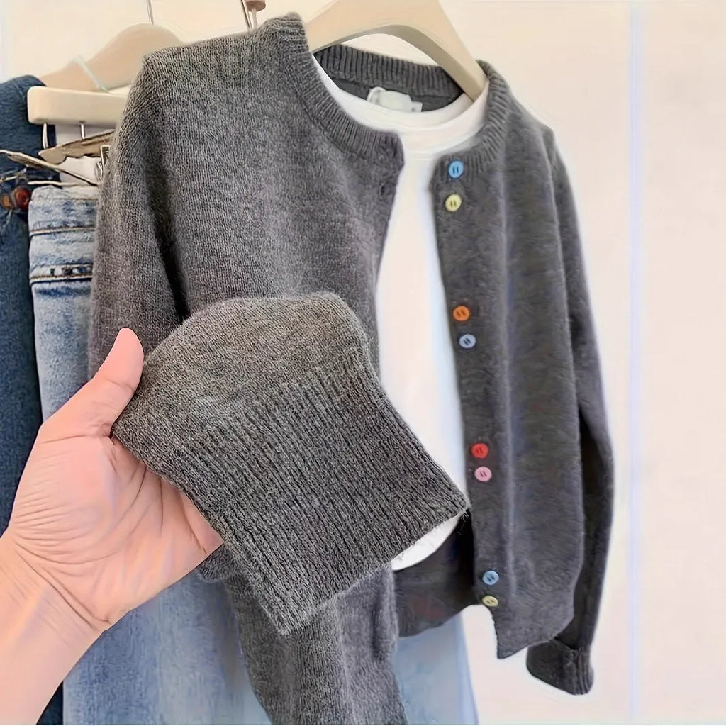 Dark grey women's polyester cardigan sweater with button front and regular fit