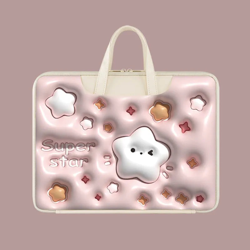 PU leather inflatable laptop bag with cartoon print, shown hanging from a suitcase handle.