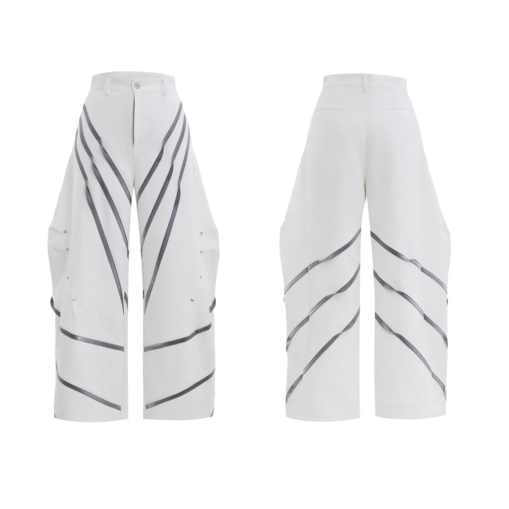 Men's grey polyester trousers with metal rivet stripes, front pleats, and a 3D cut, shown in sizes S to XL.