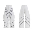 Men's grey polyester trousers with metal rivet stripes, front pleats, and a 3D cut, shown in sizes S to XL.