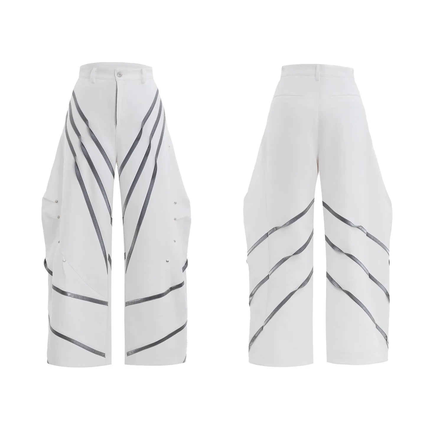 Men's grey polyester trousers with metal rivet stripes, front pleats, and a 3D cut, shown in sizes S to XL.