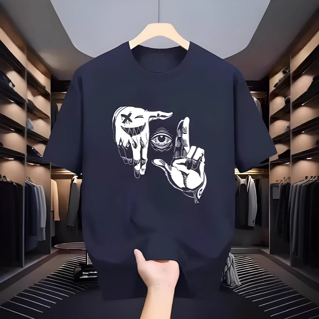Men's mesh t-shirt with cartoon digital print showing round neck and short sleeve design