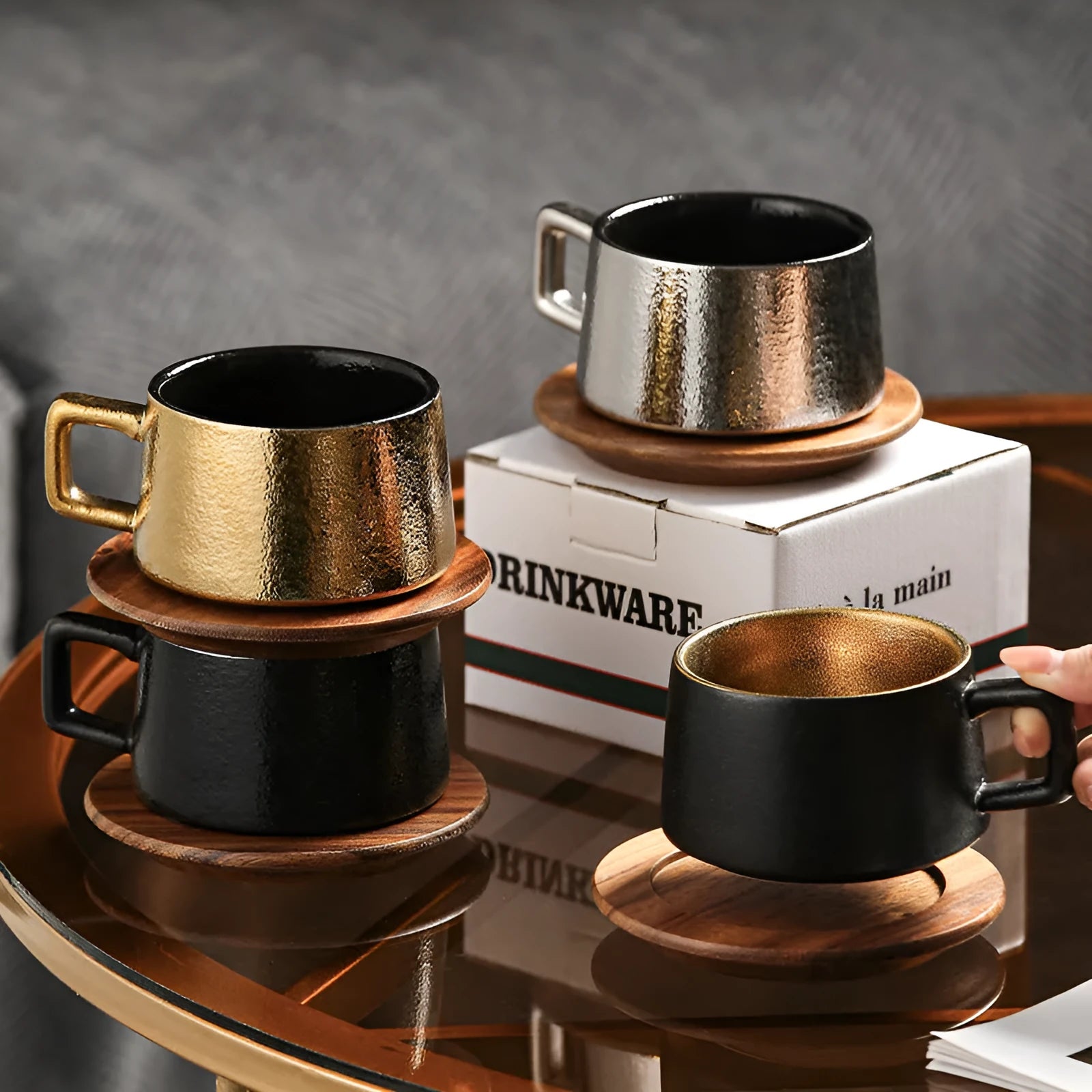 Gold electroplated office gift tumbler set with ceramic cup and complete packaging