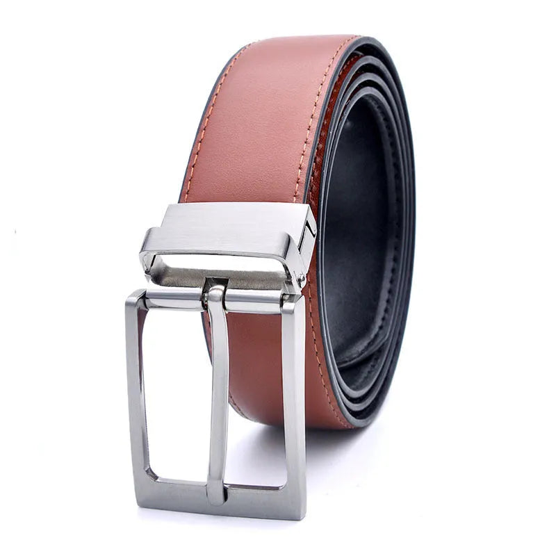 Men's brown and black leather belt with rotating pin buckle shown at 2-4cm width