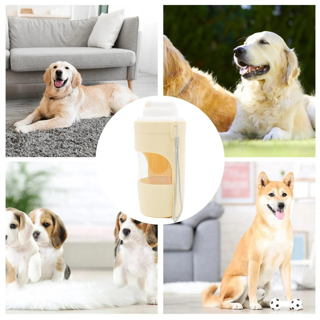 Gray 2-in-1 travel dog water bottle and feeder with lanyard, showing folding design and drinking cup.
