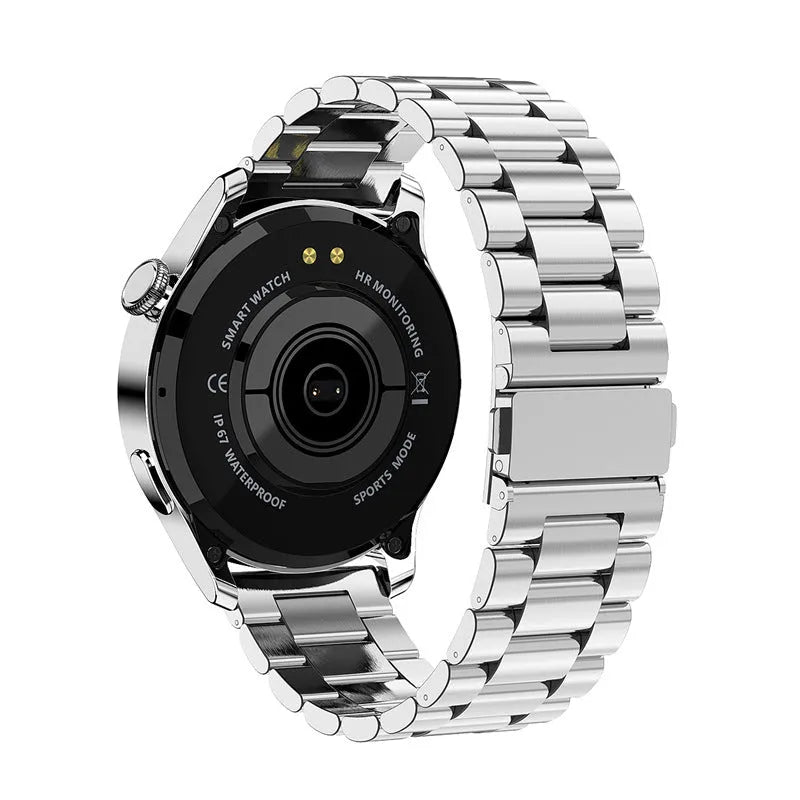 Smartwatch with round colour touchscreen display on a zinc alloy case, shown with optional silicone, leather, and metal straps.