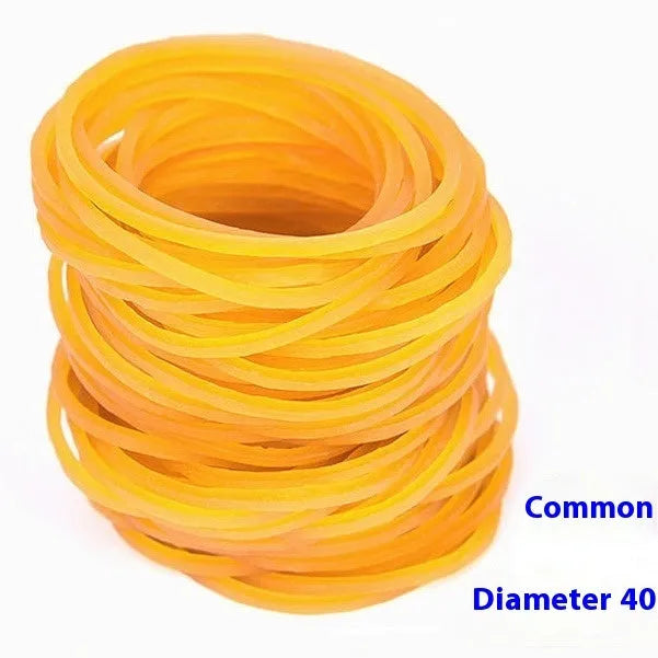 500g bulk pack of assorted yellow rubber bands in sizes from 16mm to 70mm diameter.