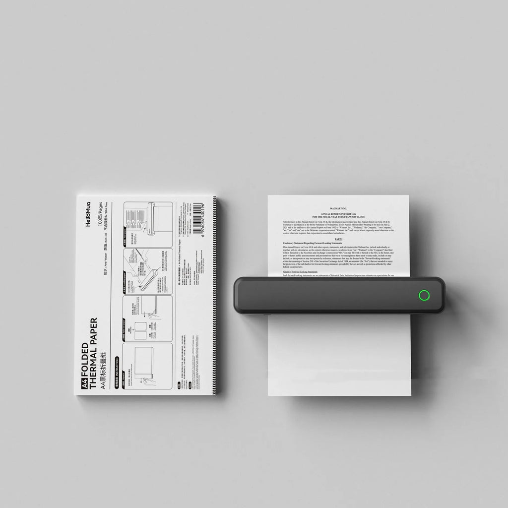 Bluetooth thermal printer for mobile phones in black or white, 295mm x 55mm x 41mm dimensions