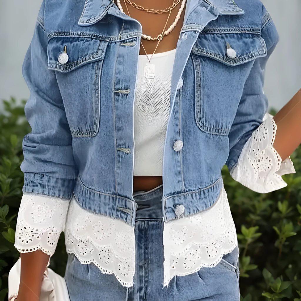 Blue denim jacket with lace stitching detail, long sleeves, women's style