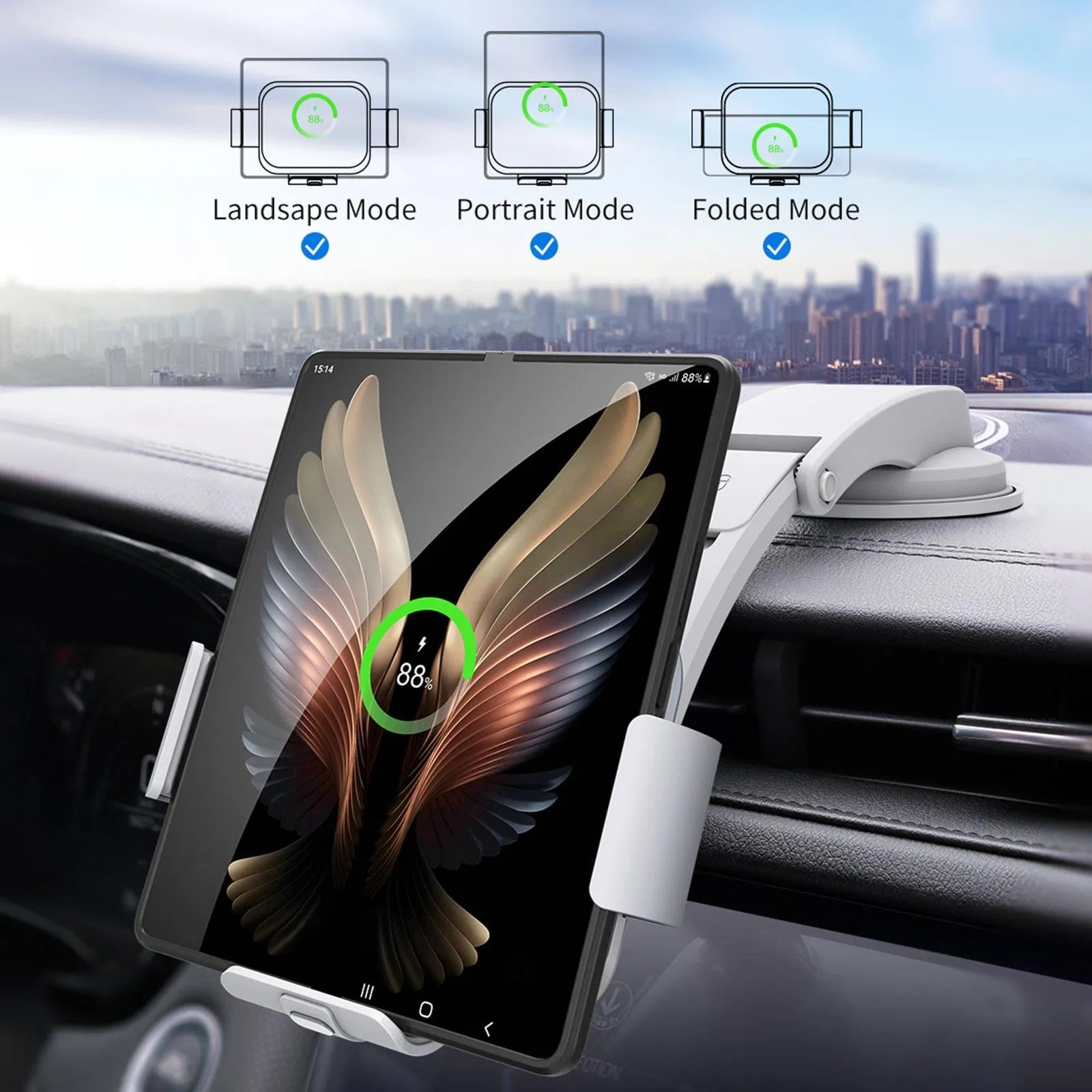 Grey wireless charging car phone holder with folding screen, showing air conditioner clip and suction cup mounting options