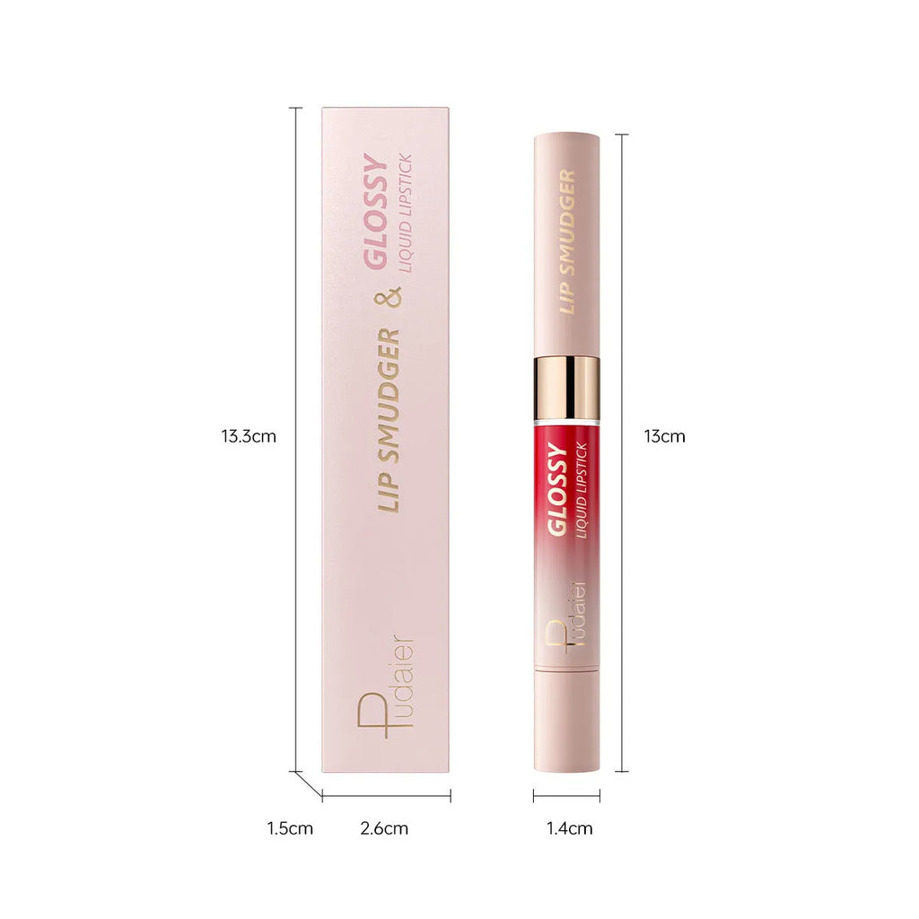 Double-headed lipstick lip gloss in matte finish showing ten colour options with moisturising formula