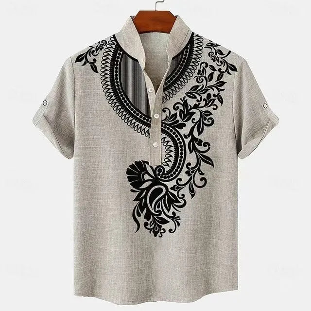 Men's loose-fit striped casual shirt in polyester linen-look fabric with button-down front