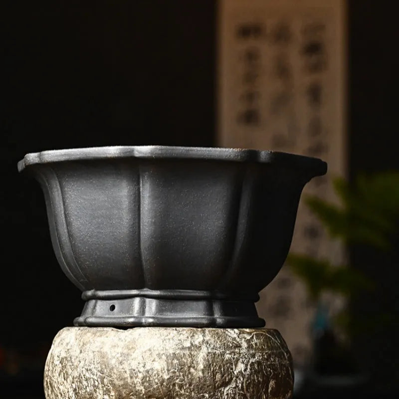 Handmade purple sand round flower pot with ancient copper clay finish for indoor plants