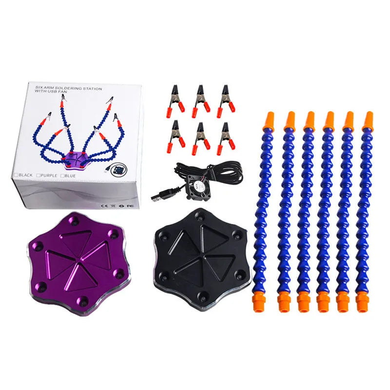 Black and purple six-claw aluminium alloy welding station tool with multiple arms for model repair soldering.