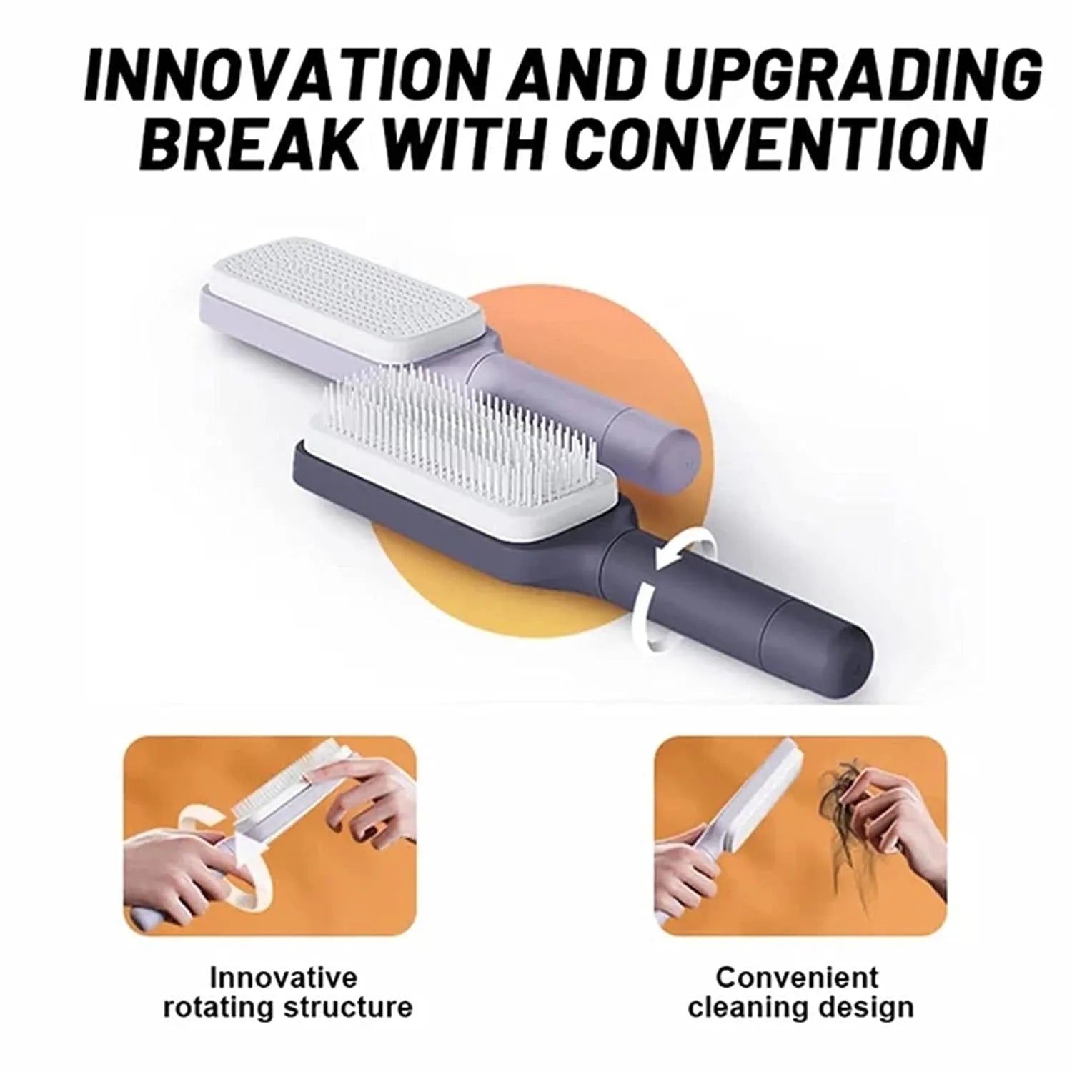 Purple self-cleaning hair brush with rotating handle and anti-static massage comb teeth