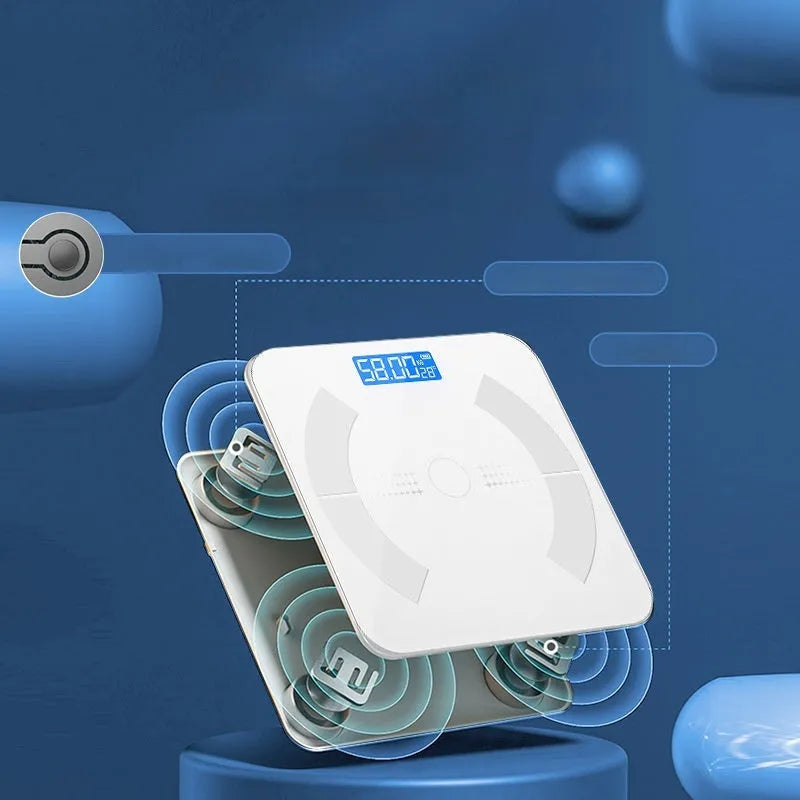 Smart Bluetooth body fat scale in white, black, or pink colours with display showing measurements