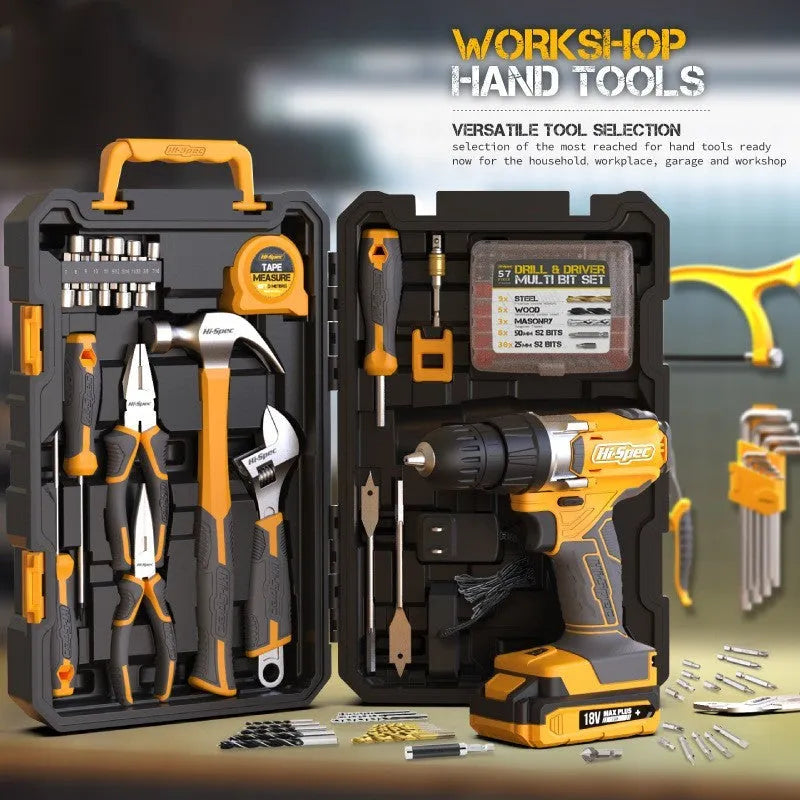 82 piece home repair hardware tool combo set in grey and yellow case with chrome vanadium steel tools