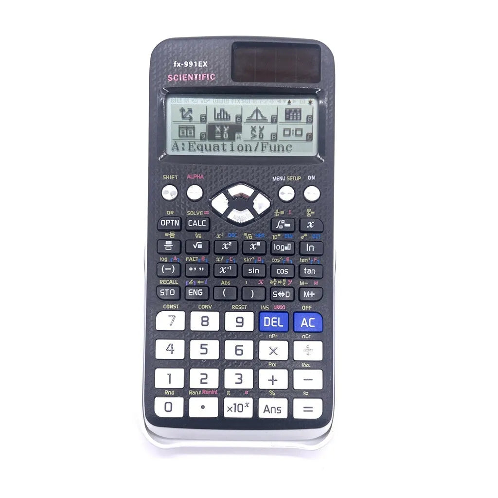 991EX scientific calculator in black, blue, or pink with solar panel and multi-line display.