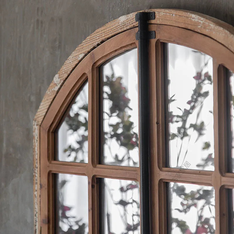 Terrace distressed log colour wooden framed fake window wall mirror, A316 style.